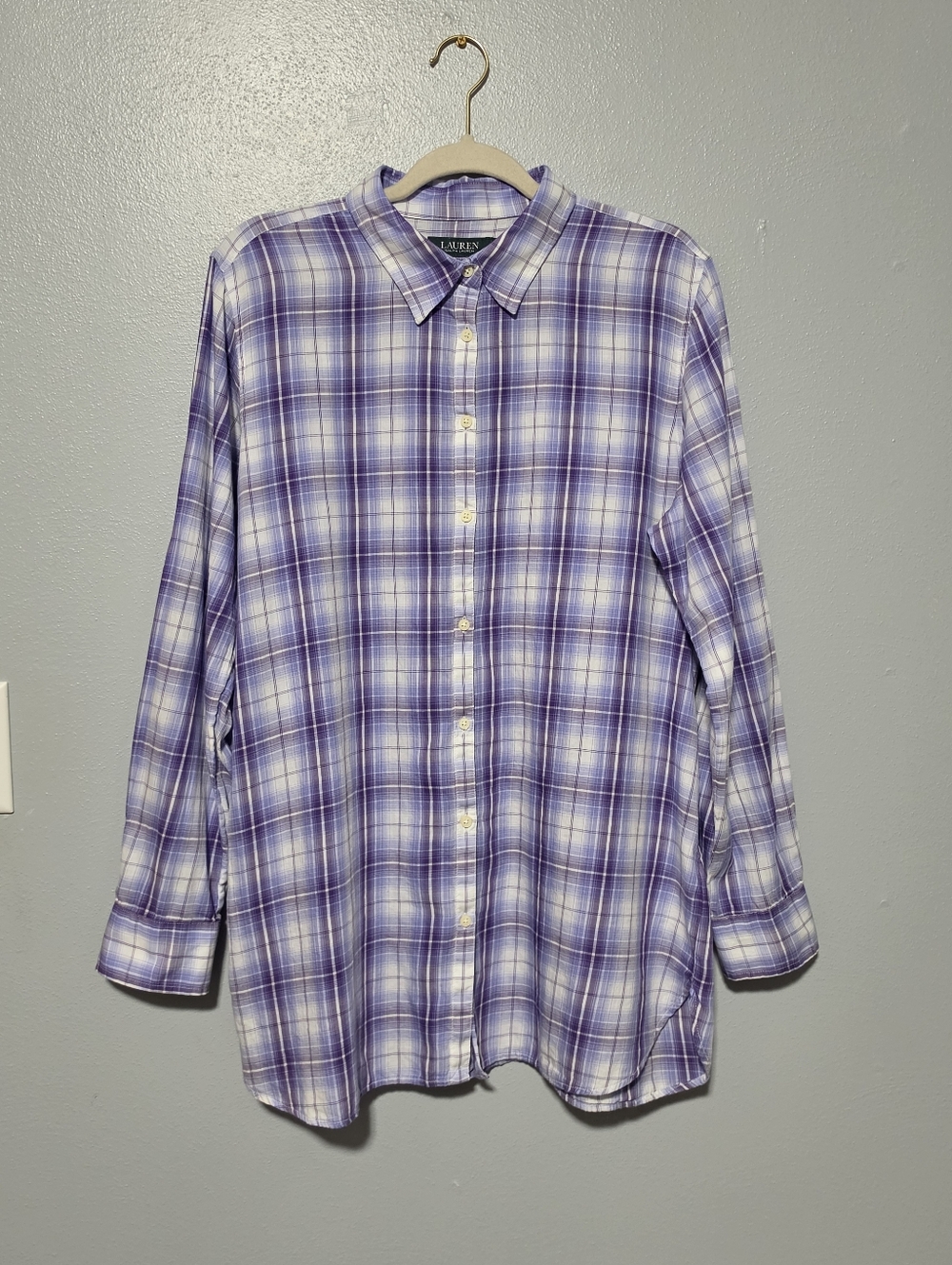 LAUREN RALPH LAUREN Button Down Womens XL Purple White Plaid Preppy Coastal - Picture 2 of 8